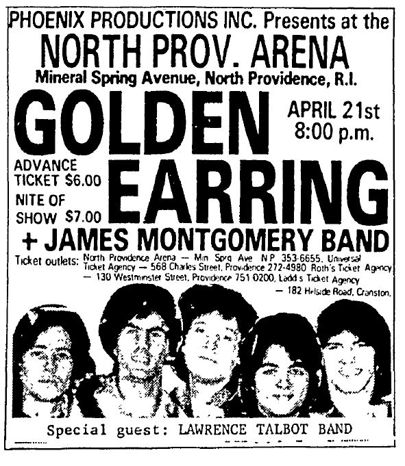 Golden Earring show ad in Providence Journal for April 21 1976 North Providence - North Providence Arena show
